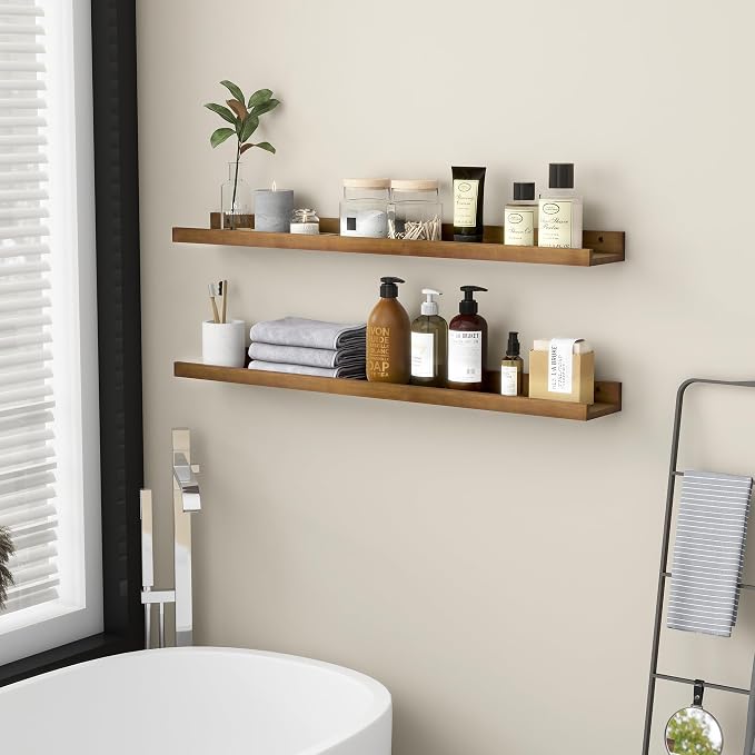 FLYJOE Picture Ledge Shelf for Wall, 36 inch Solid Ash Wood Nursery Book Shelves 2 Packs, Floating Shelves for Kids' Room Bedroom Bathroom Living Room Photo Frames Office Nursey Wall Decor, Walnut