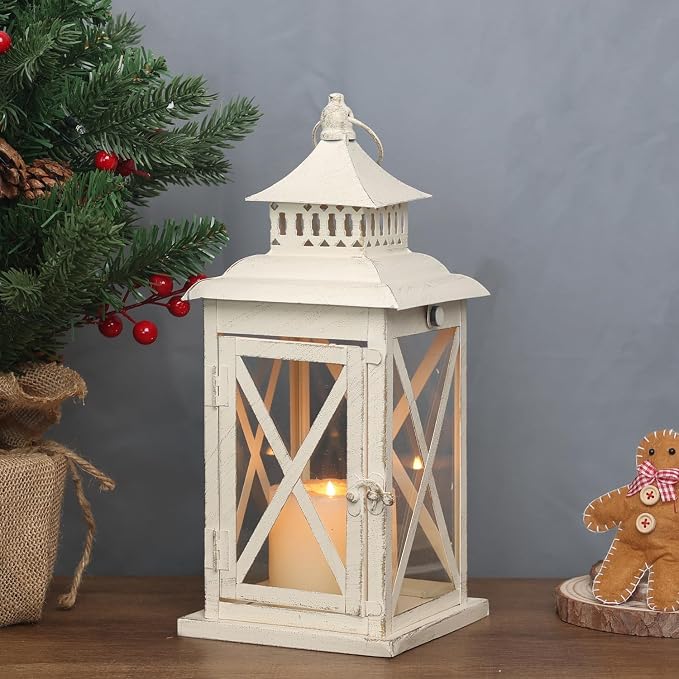Lantern Decorative Indoor & Outdoor,Large Square Hanging Spring Home Decor, Vintage Metal Decorative Candle Lanterns for Outdoor Patio Wedding Party Beige with Copper Brush