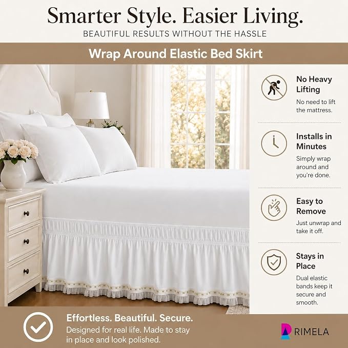 Lace Trim Bed Skirt Queen 15" Drop, Elastic Wrap Around Bedskirt | Solid Ruffled, Easy to Use, No Mattress Lifting, Wrinkle & Fade Resistant, with Adhesive Strips, Machine Wash/Dry/Iron