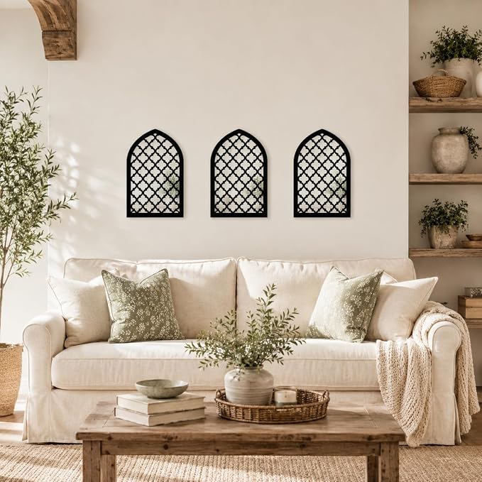 4 Pcs Modern Arched Mirror Wall Decor, 12.8 x 8.9 Inch Self Adhesive Window Mirror Stickers for Bedroom Bathroom Living Room Entryway Hallway Minimalist Eclectic Home Accent