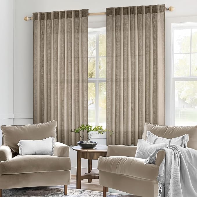 MIULEE Taupe Grey Linen Curtains 52x45 Inch Length 2 Panels for Bedroom | Living Room, Soft Linen Textured Window Drapes, Semi Sheer Light Filtering, Back Tab Rod Pocket,, Farmhouse Burlap Look Decor