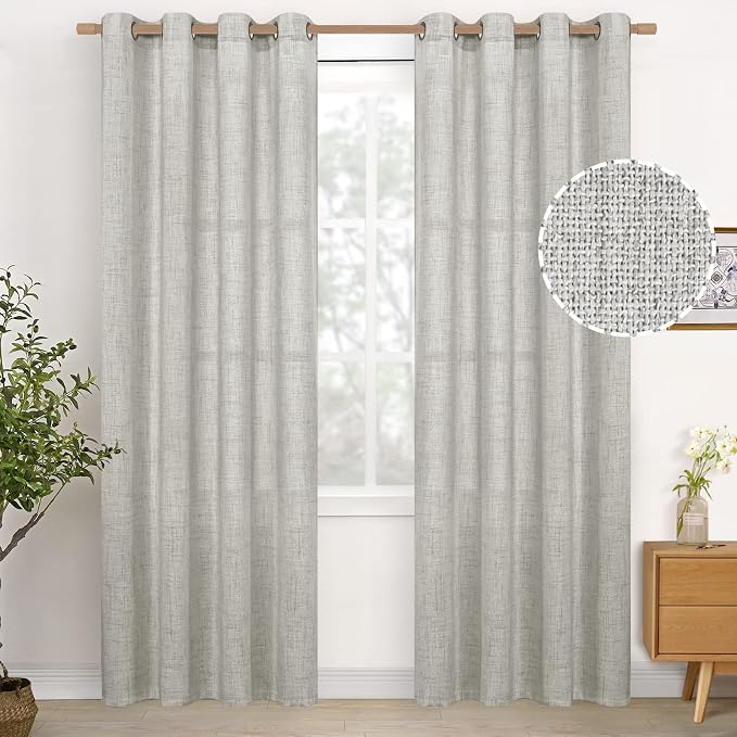 YoungsTex Light Grey Linen Curtains 84 Inch Length for Living Room | Bronze Grommet Semi Sheer Window Drapes Textured for Dining Bedroom Light Filtering, 2 Panels, 52 X 84 Inch