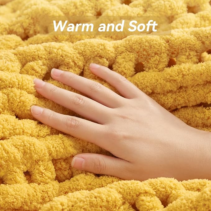 Negwoo Chunky Knit Throw Blanket, Knitted Throw Chenille Yarn, 40"*50" | Soft Thick Cable Knitted Blankets, Handmade Big Thick Blanket, Machine Washable Cute Comfy Blanket for Home Decor, Yellow