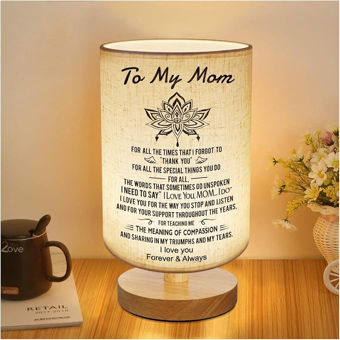 To My Mom Mother Day Birthday Gifts - Engraved Table Lamp, Dimmable Bedside Nightstand Lamp, Fabric Desk Lamp Shade Simple Night Light for Bedroom Living Room Office - Best Anniversary Christmas Gift