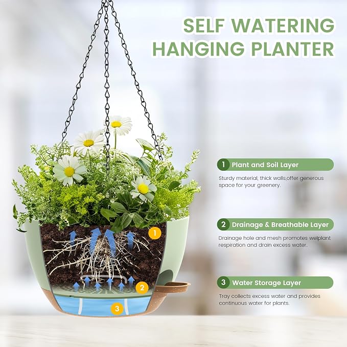 3 Pack 10 Hanging Flower Pots with Chains Self Watering Plastic Planters for Indoor Outdoor Plants, Sturdy Triangular Iron Chain Design for Garden PorchPlastic hanging flower pots (3, Green Brown)