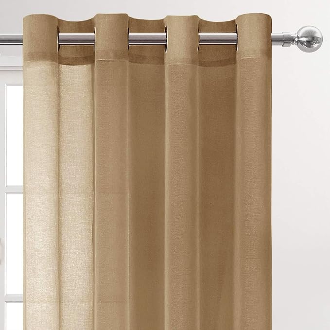 DWCN Short Sheer Curtains, Faux Linen Voile Semi Sheer 45 Inches Long Grommet Top Window Curtains Drapes Treatment for Living Room Bedroom Farmhouse, Set of 2 Panels 52 x 45 Inches, Taupe
