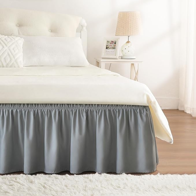 RIMELA Gray King Size Bed Skirt 18 Inch Drop, Elastic Bed Skirts Cal King Dust Ruffle, Light Grey Bedskirt for Adjustable Bed Base Solid Fade Resistant Silky Fabric Machine Washable Easy to Install | Solid Ruffled, Easy to Use, No Mattress Lifting, Wri...