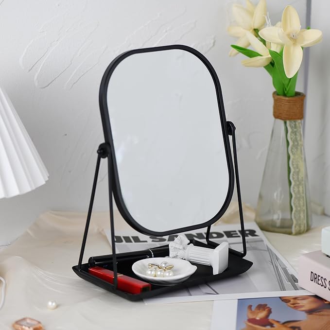 Tstarer 360 Degrees Rotating Metal Makeup Mirror with Storage (Black) | Vanity Mirror for Desk, Bathroom, Bedroom, Dressing Table