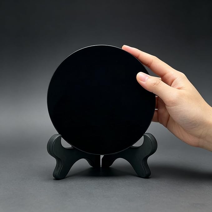 Black Obsidian Scrying Mirror, Obsidian Mirror with Stand and Bag for Divination, Meditation, Healing, Feng Shui (180mm(7.0in))