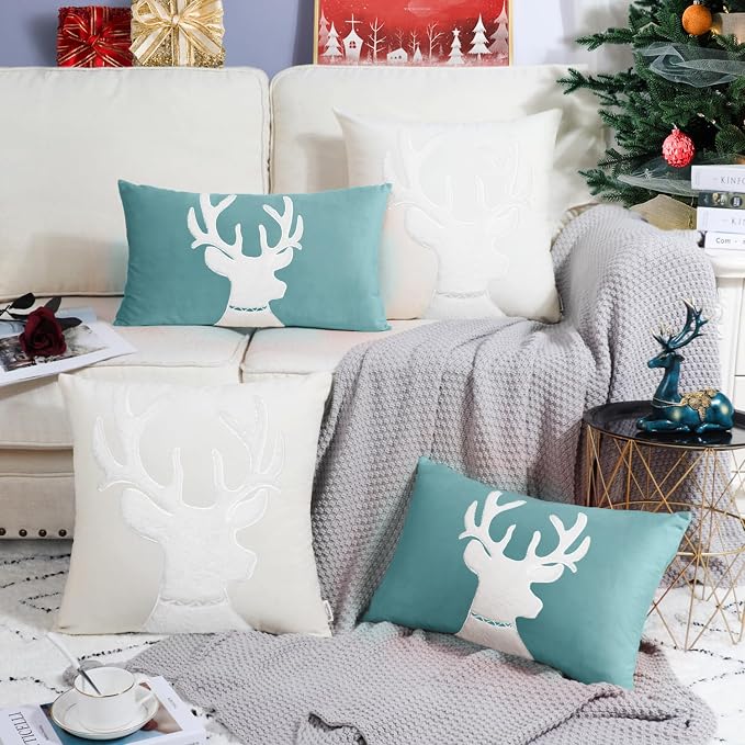 BRAWARM Christmas Pillow Cover 12 X 20 Inches, Teal Reindeer Embroidered Lumbar Pillow Cover, Soft Velvet Decorative Throw Pillow for Couch Bed Sofa Living Room Home
