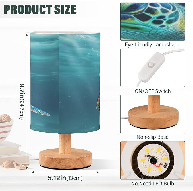 Bedside Lamp Turtle Teal Underwater Table Lamp for Bedroom LED Nightstand Lamp Shade USB Ports Wood Base for Living Room Dorm Office