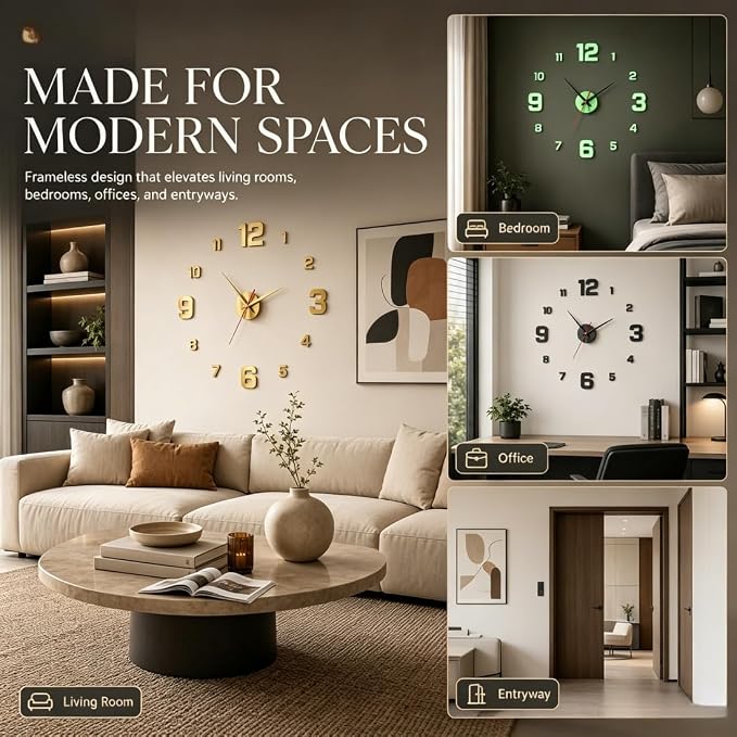 3D DIY Luminous Acrylic Wall Clock Set, Minimalist wall Clocks Simple, Drill-Free Minimalist Glow in Dark Digital Clock for Bedroom Living Room Office (Luminous, (50cm-19.6in))