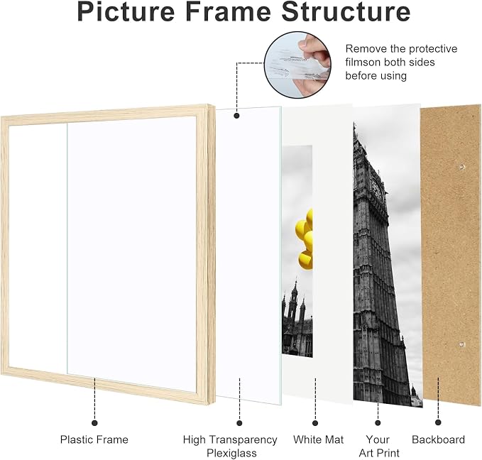 10x10 Picture Frame Set of 9, Display Pictures 8x8 with Mat or 10x10 without Mat, Multi Collage Gallery Square Photo Frames for Wall or Tabletop, Natural Wood