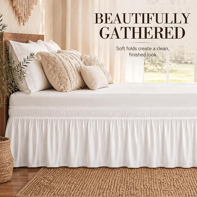 Vocander White Full Bed Skirt 16 Inch Drop, Elastic Wrap Dust Ruffle | Hides Underbed Storage, No Mattress Lifting, Elastic Stays Put, Soft Fabric, Machine Washable, Polished Look