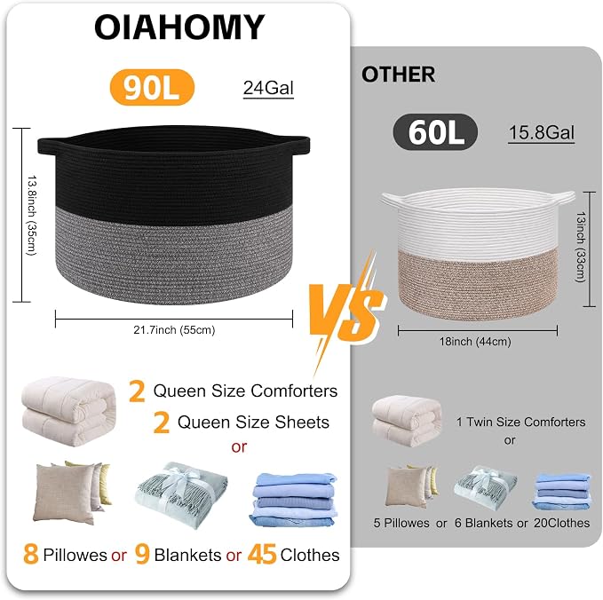 OIAHOMY 90L XXXLarge Blanket Basket for Living Room, 21.7" x 13.8" Woven Cotton Rope Laundry Basket for Organizing Pillows, Decorative Stuffed Animal Toy Storage for Nursery, Black and Grey