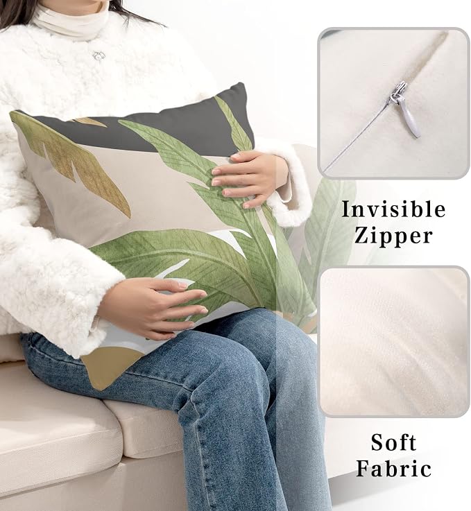 Spring/Summer Pillow Covers Set of 2 - 20x20 Green Leaves Banana Leaf Tropical Pillow Covers for Sofa/Couch Home Decor