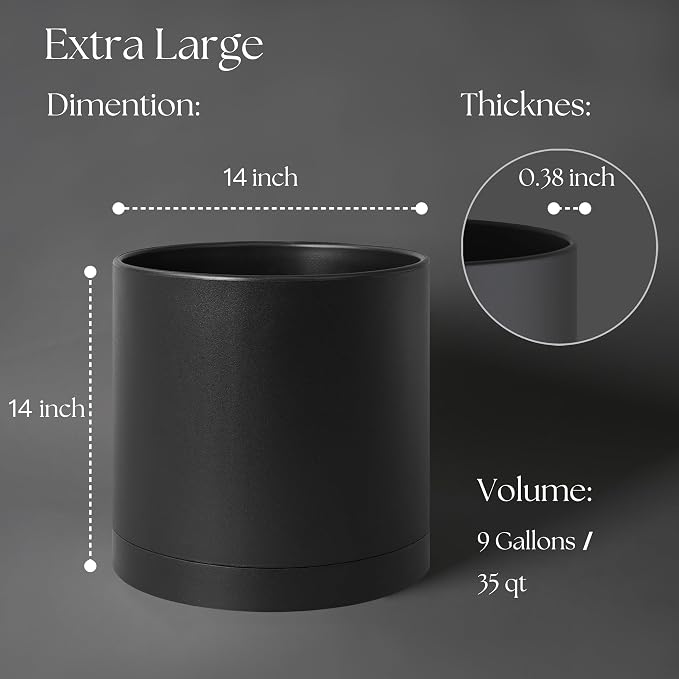 Giraffe Creation 14 Inch Cylinder Plant Pot, Modern Round Planter with Drainage Holes and Saucer, Durable Plastic Flower Pot for Indoor Outdoor Plants, Black