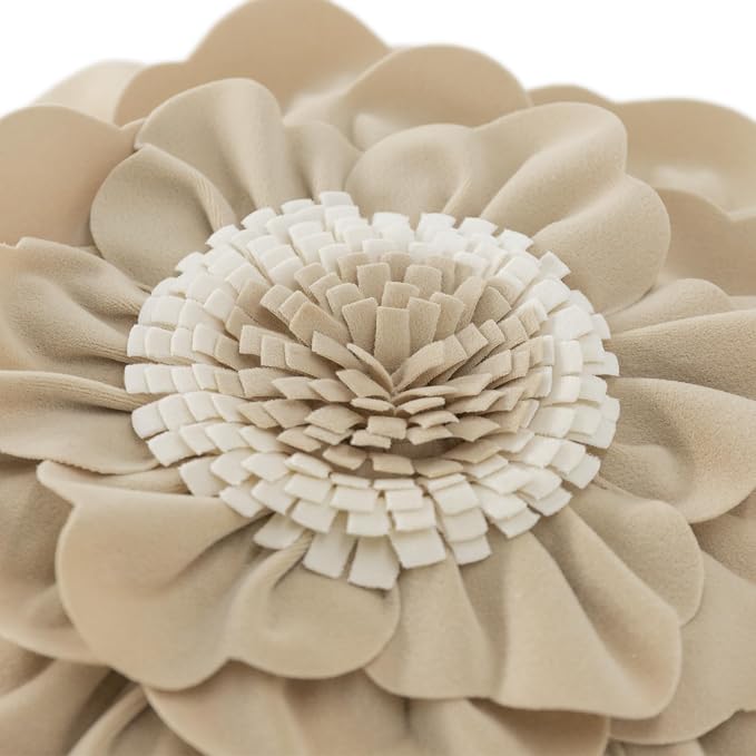 JWH 3D Flower Throw Pillow Cover Decorative Floral Pillow Case Round Peony Cushion Velvet Accent Pillowcase for Bed Sofa Couch Home Decor 14 Inches Champagne Tan