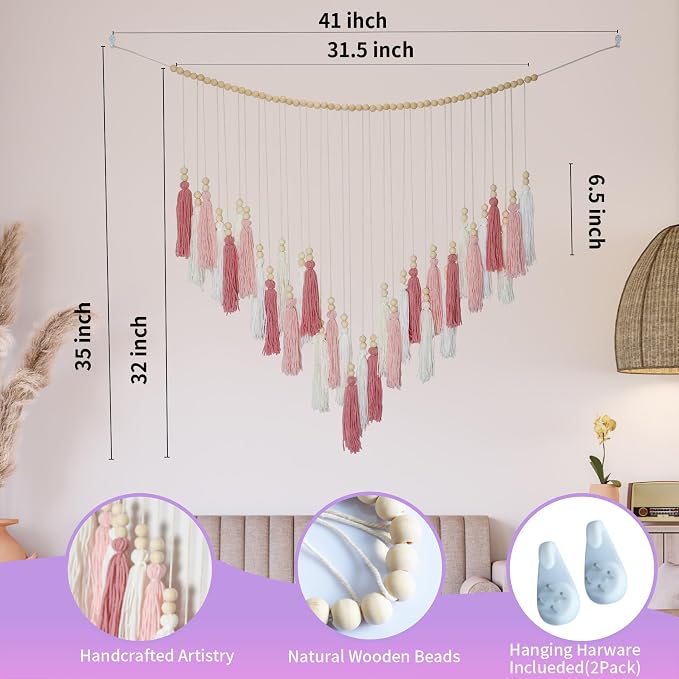 Pink&White Large Macrame Wall Haning Boho Decor,Blush Pink Tassel Wall Decor Bohemian, Pink Bedroom Living Room Girls Room Décor Nursery Dorm Decoration Boho Gift for Girls Woman Gifts
