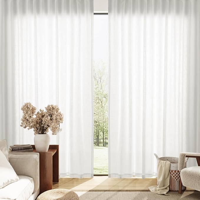 Extra Long Linen Curtains 108 Inch Length for Bedroom 2 Panels Set Privacy Textured Translucent with Light Filtering Elegant Semi Sheer Drapes for Bedroom Floor to Ceiling Ivory W52 x L108