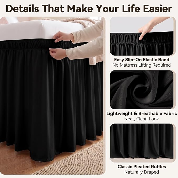Black Twin XL College Dorm Bed Skirt 32" Drop, Elastic Wrap Dust Ruffle | Raised Bed Fit, Hides Underbed Storage, No Mattress Lifting, Soft Microfiber, Durable Fabric, Machine Washable, Clean Look