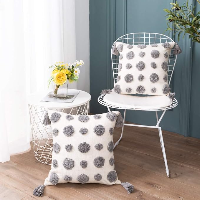 PLWORLD Boho Gray Pillow Cover 20x20, Tufted Chenille Cushion Case with Pom Poms & Tassels, 1PC Cover Only, No Insert