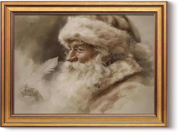 WHASAYART Gold Framed Vintage Wall Art Christmas Decorations Santa Claus Canvas Prints, Vintage Home Decor, Farmhouse Painting Picture, Bathroom Wall Decor Christmas Gifts for Family 16L x 12W