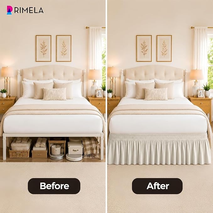RIMELA Ivory Bed Skirt Queen Size 18 Inch Drop, Elastic Bed Skirting for Bed Base and Frame, Bedding Dust Ruffle Easy to Install, Lightweight Wrap Around Adjustable Bedskirt | Solid Ruffled, Easy to Use, No Mattress Lifting, Wrinkle & Fade Resistant, w...