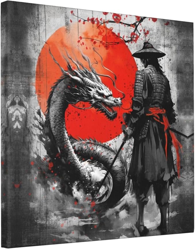 Wesluin 16"x16" Samurai Dragon Canvas – Red Sun Japanese Wall Art | Legendary duel unfolds beneath the rising crimson orb. Monochrome warrior versus beast. Hook included, ready to hang.