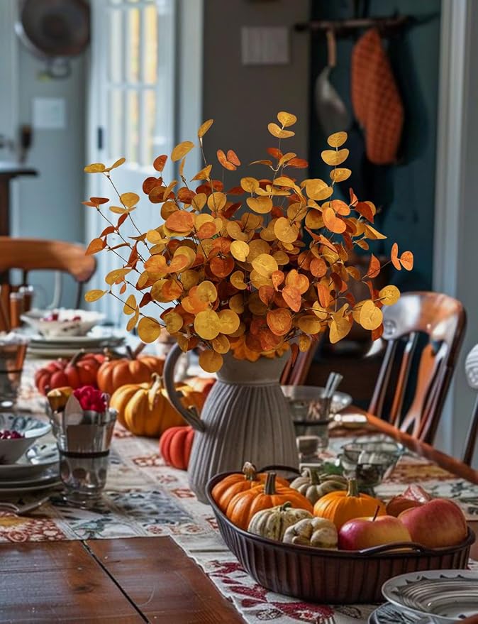 Bessol Fall Decorations Artificial Eucalyptus Stems 5Pcs Fall Eucalyptus Plants Autumn Decorations for Home Table Centerpieces Fake Fall Stems for Farmhouse Kitchen Floral Arrangements Decor