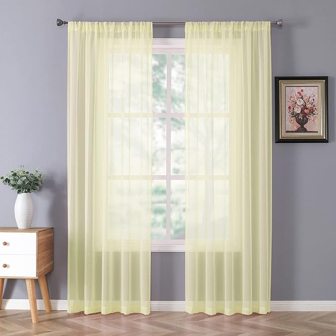 Tollpiz Sheer Curtains Linen Textured Bedroom Curtain Sheers Light Filtering Rod Pocket Voile Curtains for Living Room, 54 x 84 inches Long, Transparent Yellow, Set of 2 Panels