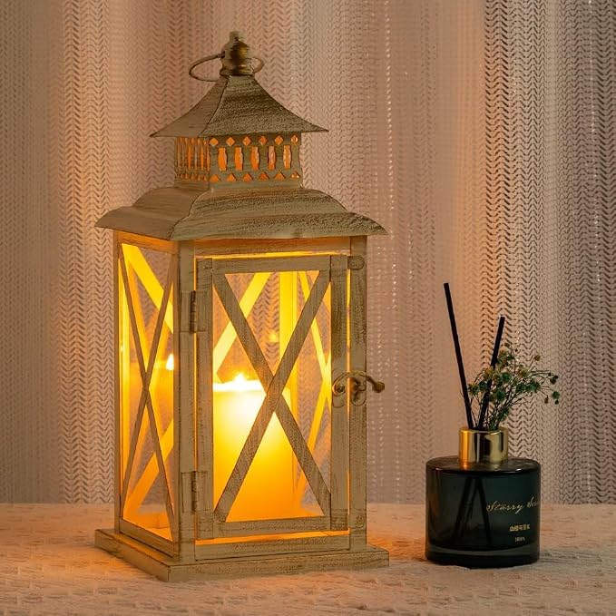Lantern Decorative Indoor & Outdoor,Large Square Hanging Spring Home Decor, Vintage Metal Decorative Candle Lanterns for Outdoor Patio Wedding Party Beige with Copper Brush