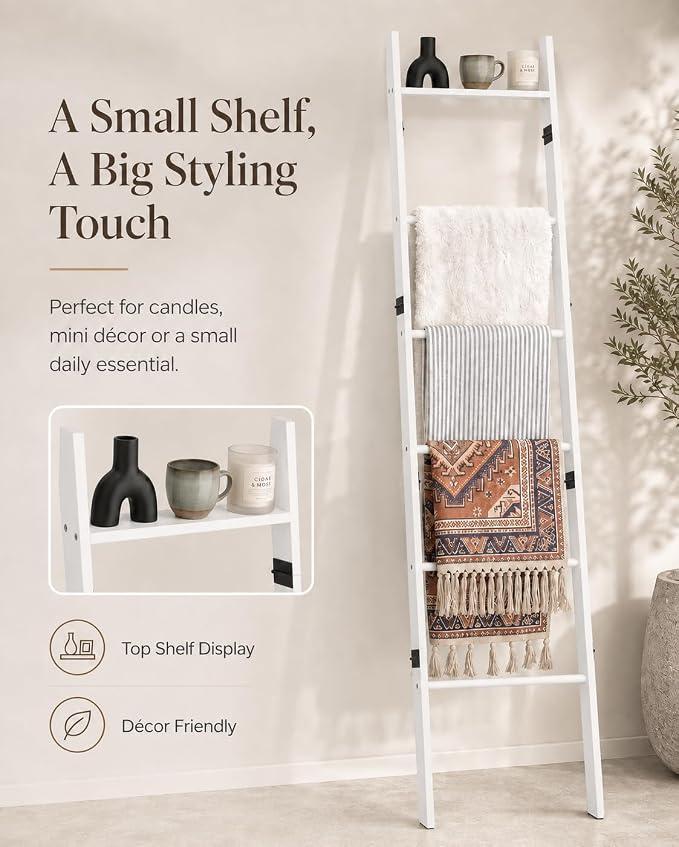 6 Tier Blanket Ladder with Shelf, Wooden Blanket Rack for Living Room, Leaning Towel Ladder Rack for Bedroom, Bathroom, Quilts, Throws, Towels and Farmhouse Décor White
