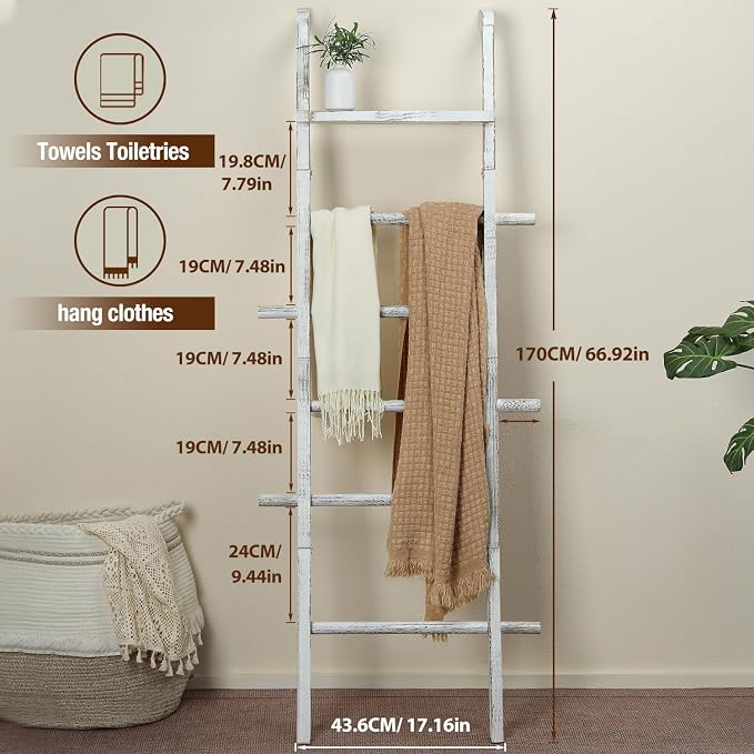 Taozun Wash White Blanket Ladder with Shelf for Living Room, Wall Leaning | 67-Inch Farmhouse Blanket Rack with 5 Pegs for Towels, Quilt and Throws, Wood Blanket Holder for Organization and Display
