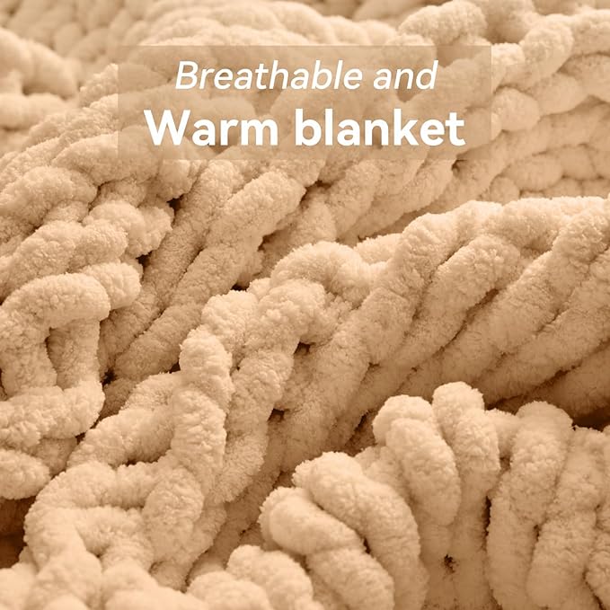 Negwoo Chunky Knit Throw Blanket, Knitted Throw Chenille Yarn, 60"*80" | Soft Thick Cable Knitted Blankets, Handmade Big Thick Blanket, Machine Washable Cute Comfy Blanket for Home Decor, Beige