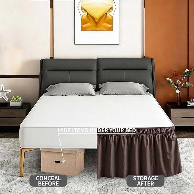 ANARACHON Twin Bed Skirt, Elastic Wrap Around Bed Skirt Twin Size, Bed Skirts for Adjustable Bed, Easy Fit with 18" Drop Length Tailored Drop Dust Ruffle (Brwon)