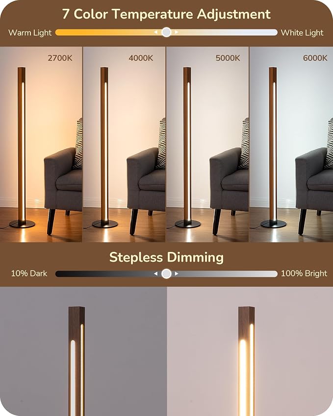 EDISHINE Wooden Floor Lamp with Remote, Dual Lighting, 7CCT & Dimmable