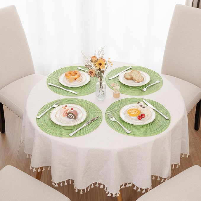 SHACOS Round Placemats Set of 8 Washable 15 inch Round Table Mats Braided Non Slip Fabric Place Mats for Dining Table Indoor Outdoor (Mixed Color Pea Green, 8)