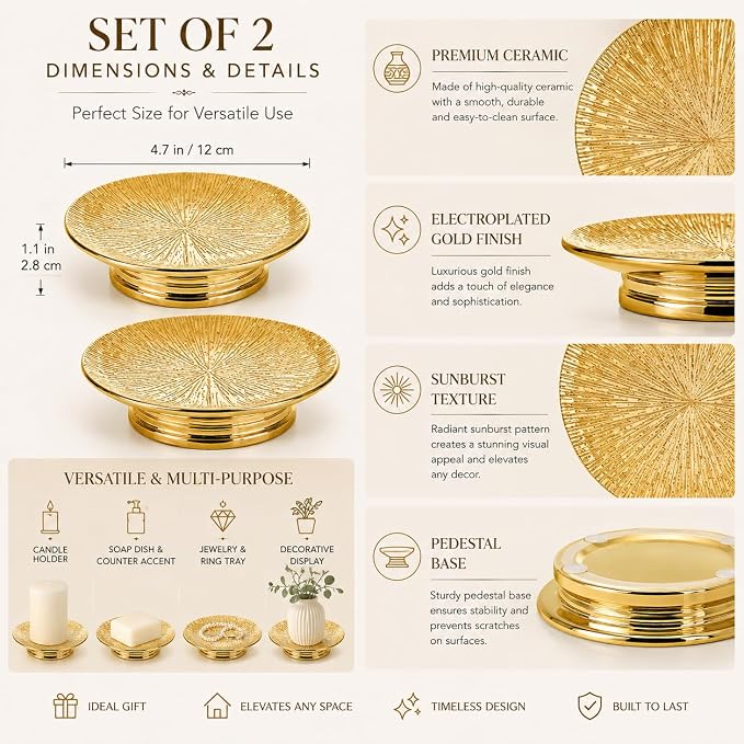 Gold Ceramic Decorative Tray Set of 2, Electroplated Sunburst Jewelry Trays, Pillar Candle Holder Plates, Soap Dishes & Trinket Trays for Bathroom, Vanity, Bedroom & Home Decor