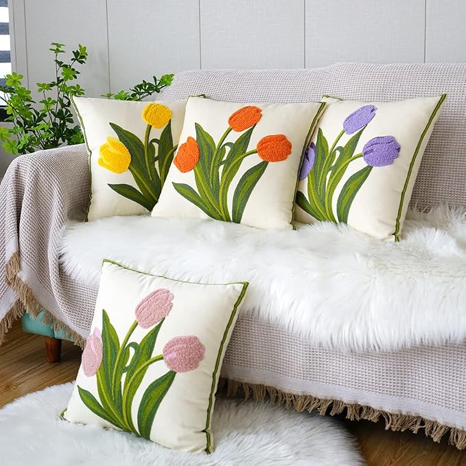 vctops Farmhouse Tulip Cotton Tufted Throw Pillow Cover Spring Floral Embroidery Pillowcase Soft Square Cushion Case for Sofa Couch Bed Chair (Orange,18"x18")