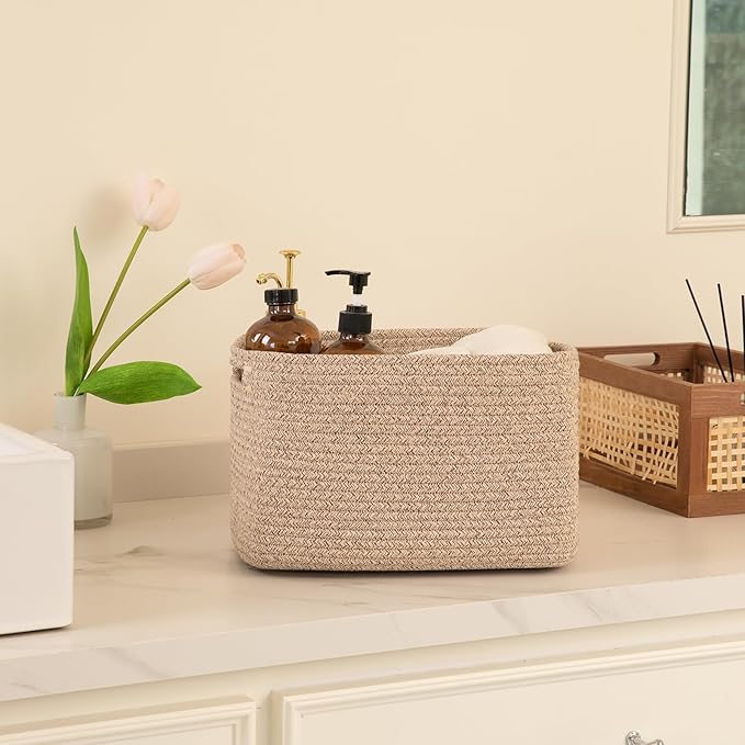 OIAHOMY 4 Pack Storage Baskets for Organizing 15L Cube Storage Bins Brown | Woven Baskets for Storage Rectangle Small Baskets With Handles Baskets for Shelves Wicker Baskets for Shelves 12.7x9x7.8inch