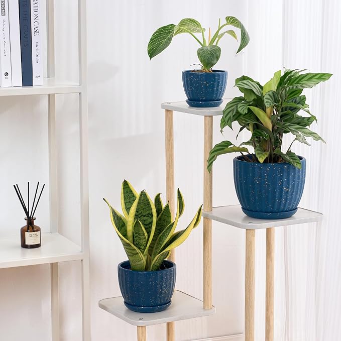 4/5/6 Inches Ceramic Plant Pots with Drainage Holes and Saucer Set of 3 | Round Planter for Small Indoor/Outdoor Plants with Modern Stripes Design, Blue with Gold Dot, Decorative Flower Pots