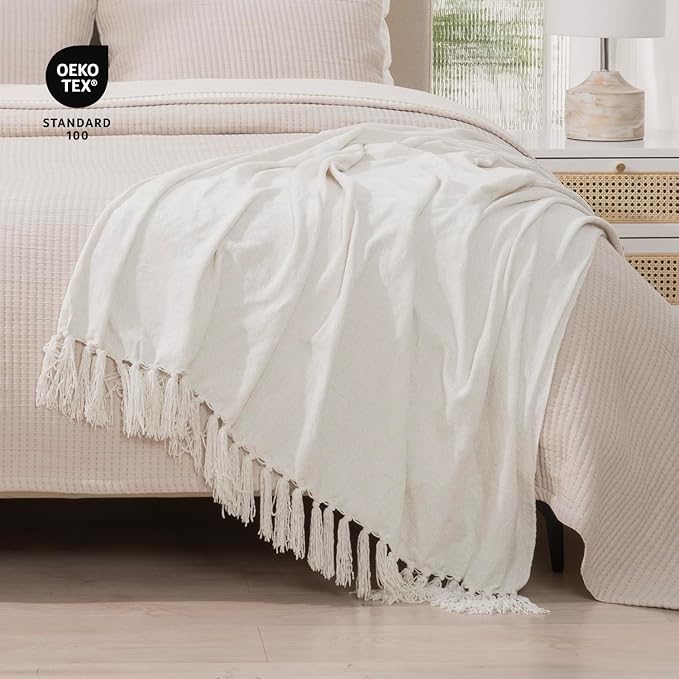 RECYCO Chenille Throw Blanket for Couch, 50"x60", Ivory White | Super Soft Knit Throw Blanket with Fringe Tassels, Lightweight Knitted Throw, Cozy, Ideal for Sofa Chair Bed Living Room Gift