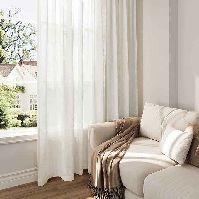 Linen Curtains 92 Inches Long for Living Room Semi Sheer Light Filtering Curtain Back Tab Neutral Boho Modern Farmhouse Window Drapes for Bedroom 52x92 2 Panels Cream Ivory Beige Natural