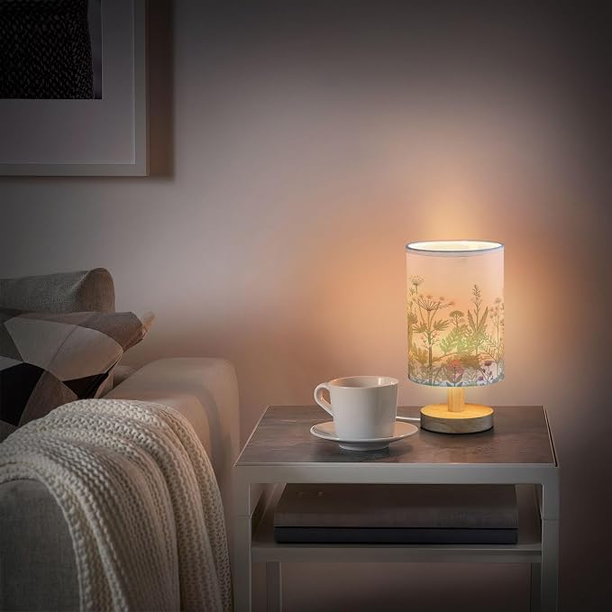 Bedside Lamp Flowers Herbs Wildflowers Botanical Table Lamp for Bedroom LED Nightstand Lamp Shade USB Ports Wood Base for Living Room Dorm Office