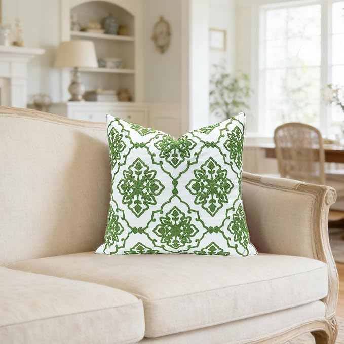 Slow Cow Embroidery Decorative Throw Pillow Cover for Couch Modern Bohemian Flower Accent Pillowcase Cushion Cover 18 X 18 Inches Green