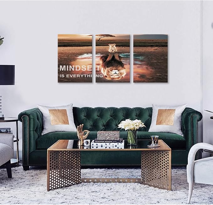 KAWAHONE Motivational Lion King Mindset Wall Art Gold, Success Cat Reflect Lion Mindset is Everything Quotes Poster Positive Affirmation Wall Decor Inspirational Canvas Painting Wall Hanging Picture