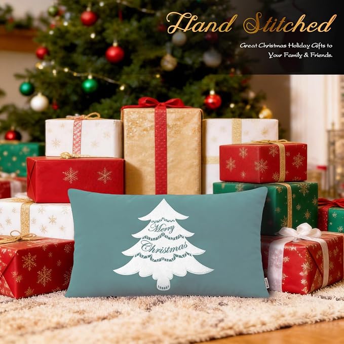 BRAWARM Christmas Pillow Cover 12 X 20 Inches, Teal Christmas Tree Embroidered Lumbar Pillow Cover, Soft Velvet Decorative Throw Pillow for Couch Bed Sofa Living Room Home