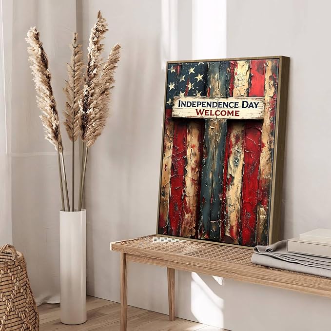 American Flag Framed Canvas Wall Art, 4th of July Patriotic Canvas Prints | USA Flag Wood Texture Poster Print, 4th of July Red White Blue Wall Decor for Bedroom Living Room 20×24in