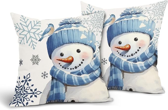 Kawani Winter Snowman Snowflake Pillow Covers 18x18 Inch Blue Christmas Throw Pillow Covers Set of 2 Xmas Winter Holiday Pillowcases Cotton Linen Cushion Covers for Couch Home Decor